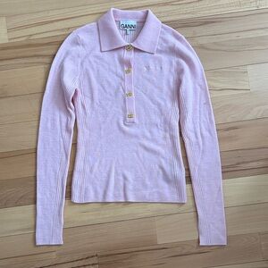 Ganni Soft Pink Button-Up Polo merino wool Sweater